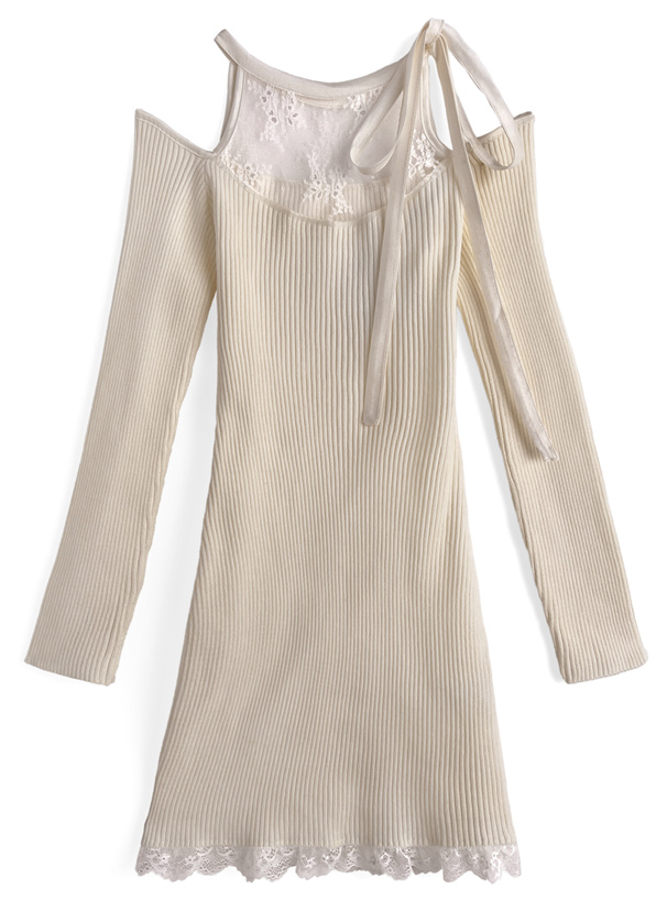 ショルダーオープンリボンレースニットワンピース