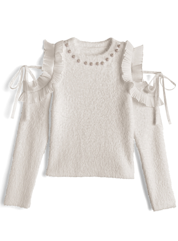 ショルダーオープンフリルリボンパールシャギーニットトップス[tw1238]