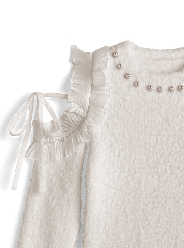 ショルダーオープンフリルリボンパールシャギーニットトップス[tw1238