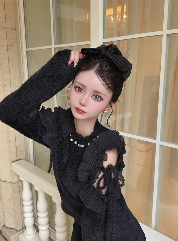 ショルダーオープンフリルリボンパールシャギーニットトップス[tw1238