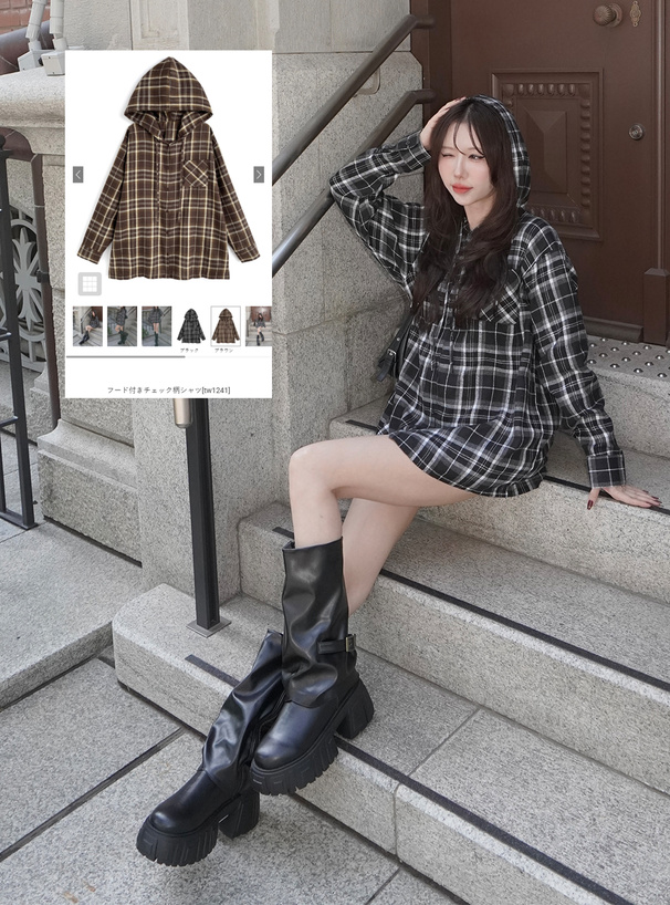 フード付きチェック柄シャツ