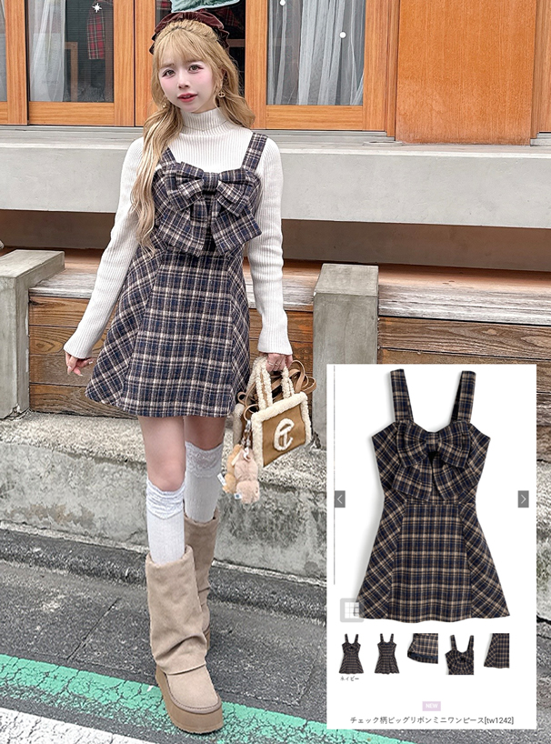 チェック柄ビッグリボンミニワンピース[tw1242] | レディース