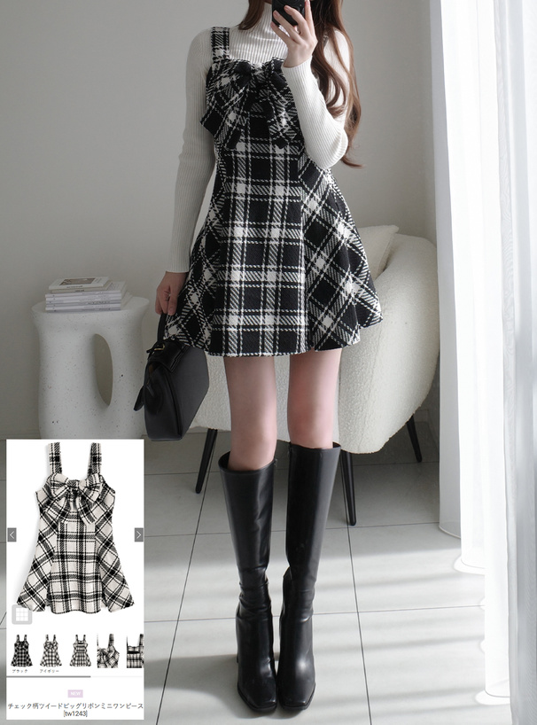 チェック柄ツイードビッグリボンミニワンピース[tw1243] | レディース