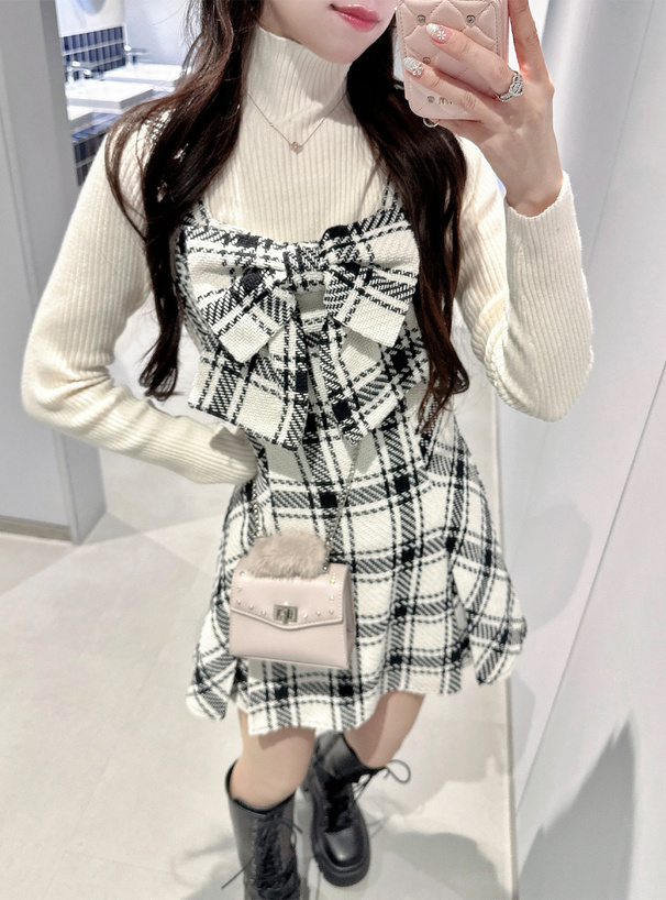 チェック柄ツイードビッグリボンミニワンピース[tw1243] | レディース