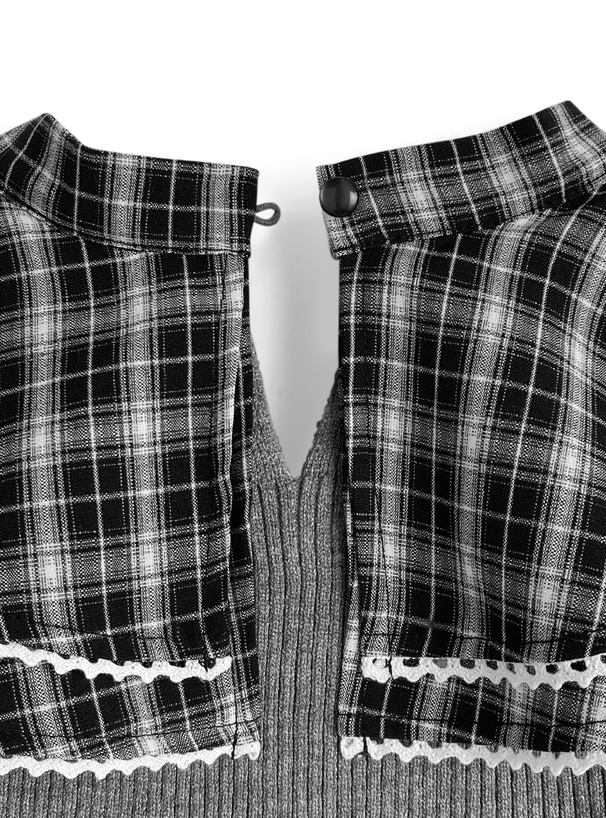 チェック柄フリルリボンカラードッキングニットトップス[tw1244