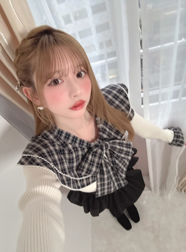 チェック柄フリルリボンカラードッキングニットトップス[tw1244