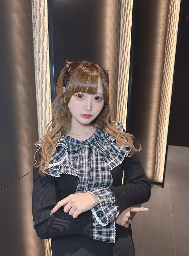 チェック柄フリルリボンカラードッキングニットトップス[tw1244