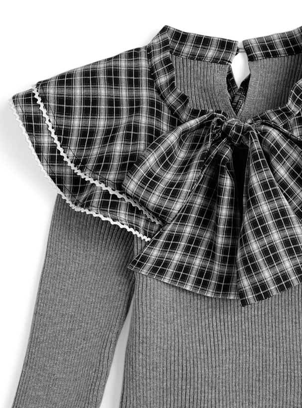 チェック柄フリルリボンカラードッキングニットトップス[tw1244