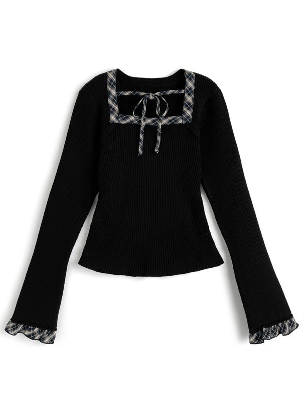 チェック柄リボンリブニットトップス[tw1245] | レディース