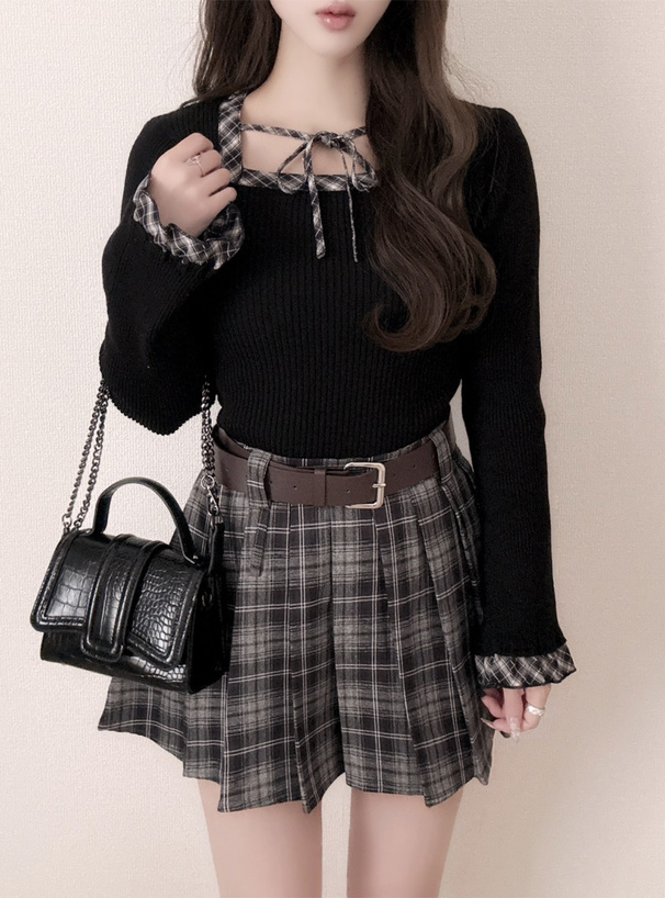 チェック柄リボンリブニットトップス[tw1245] | レディース