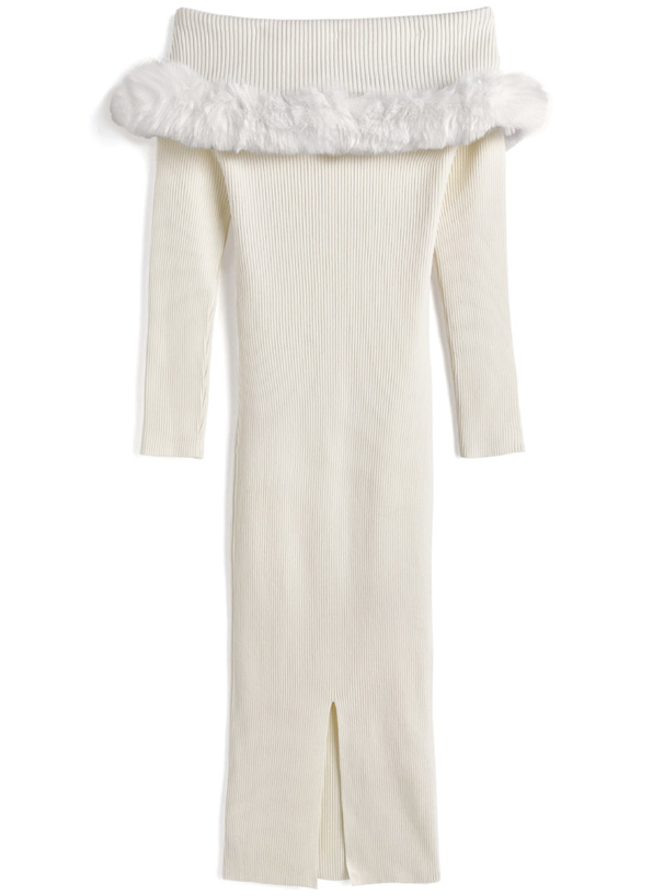 ファーオフショルダーニットワンピース