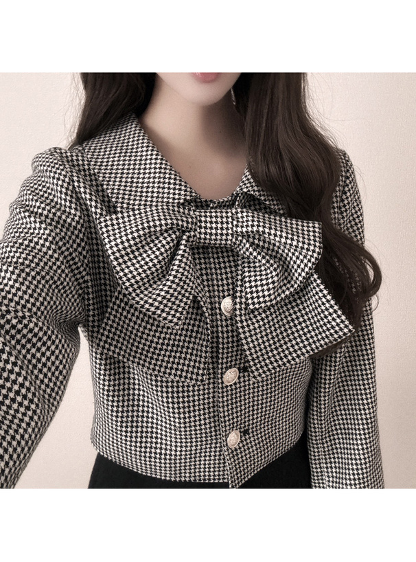 リボン付き千鳥柄ショートジャケット[tw1247] | レディース