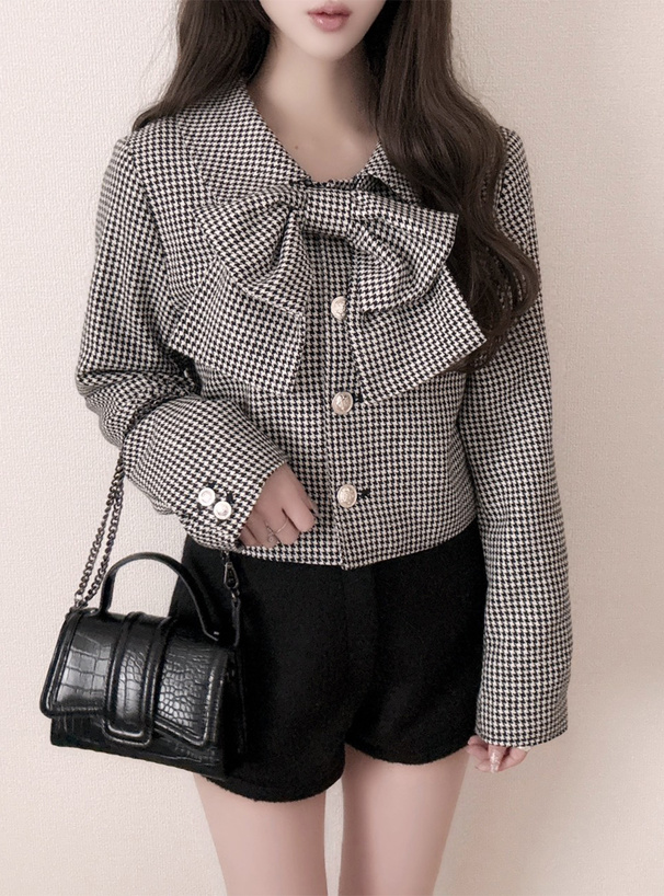 リボン付き千鳥柄ショートジャケット