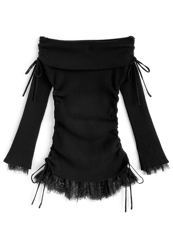 レースドッキングサイドドロストオフショルダーニットトップス