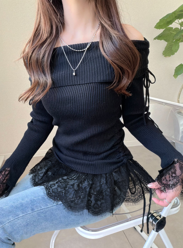 レースドッキングサイドドロストオフショルダーニットトップス