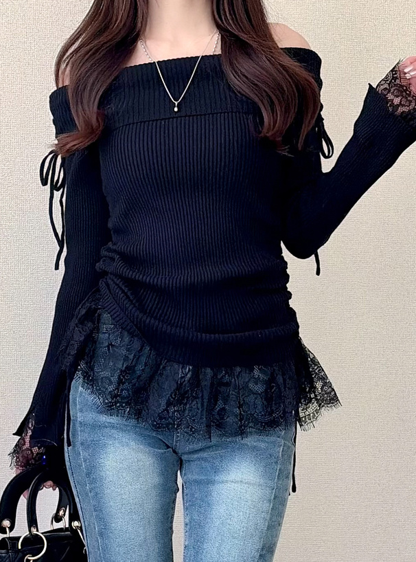 レースドッキングサイドドロストオフショルダーニットトップス