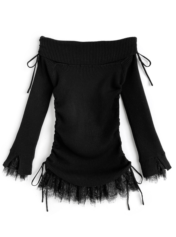 レースドッキングサイドドロストオフショルダーニットトップス