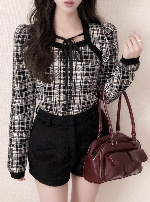 チェック柄フロントリボンニットトップス[tw1249] | レディース