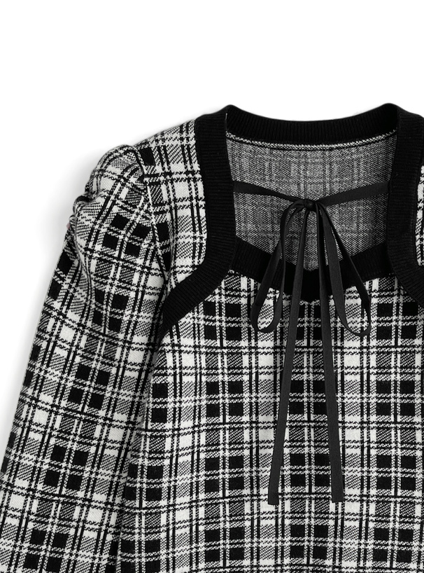 チェック柄フロントリボンニットトップス
