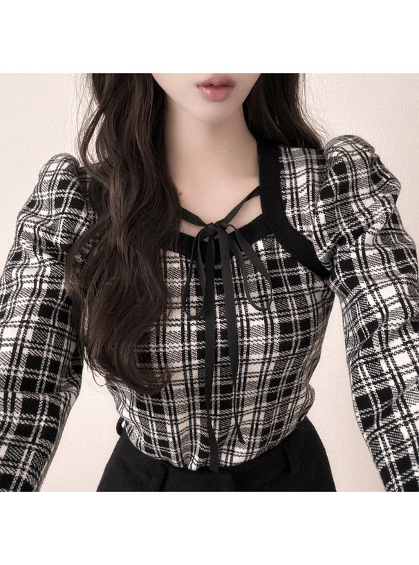 チェック柄フロントリボンニットトップス[tw1249] | レディース