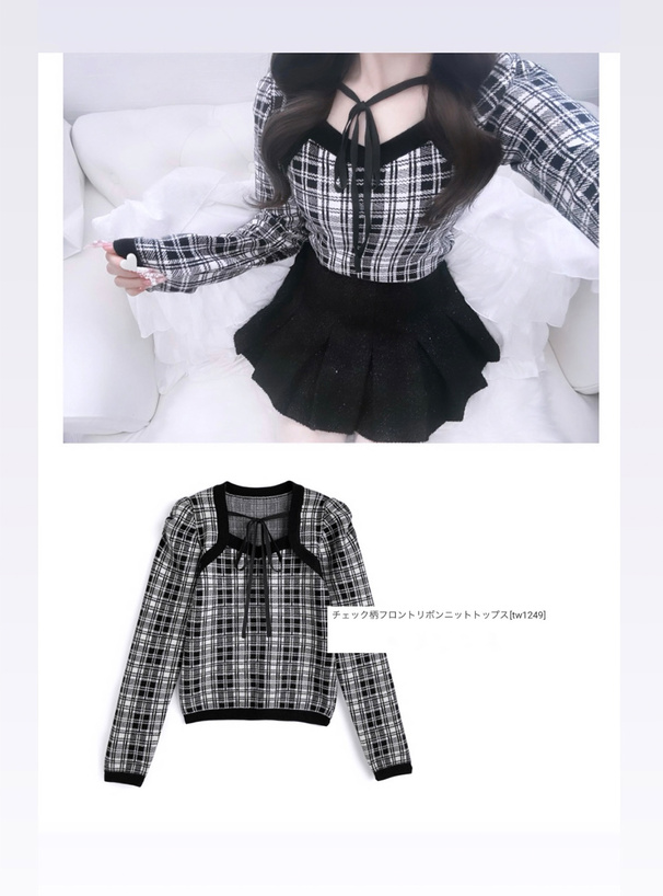 チェック柄フロントリボンニットトップス[tw1249] | レディース