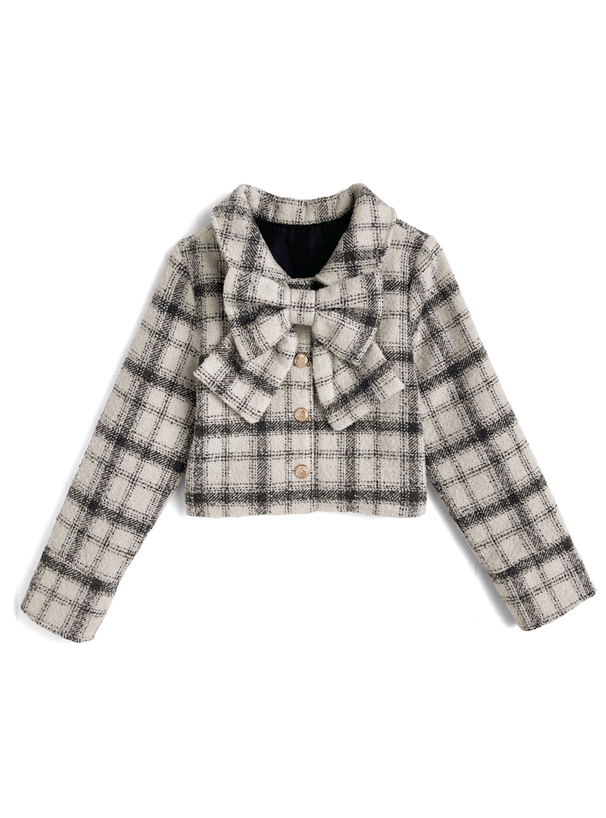 リボン付きチェック柄ツイードジャケット[tw1251]