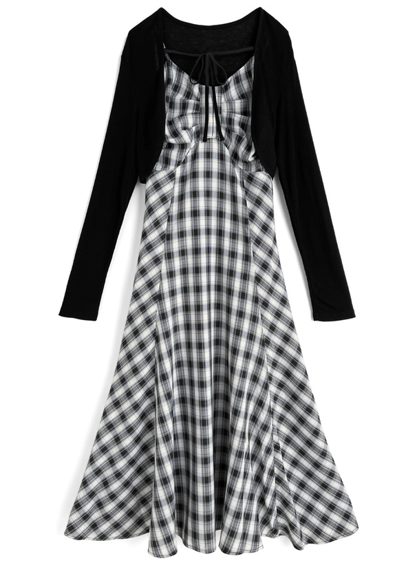 チェック柄リボンキャミソールワンピース×ボレロアンサンブル[tw1254]