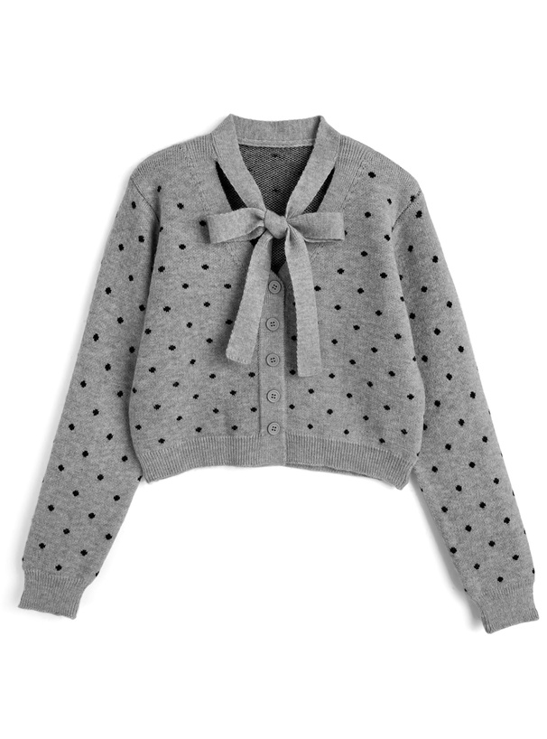 ドット柄リボンタイニットカーディガン[tw1255]