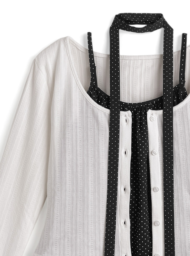 タイ付きドット柄フリルキャミソール×カーディガンアンサンブル