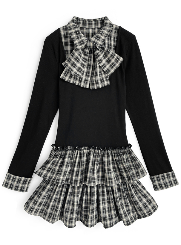 リボン付きチェック柄ドッキングティアードフリルミニワンピース[tw1264]