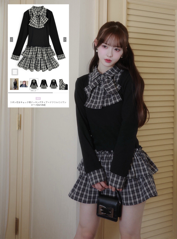 リボン付きチェック柄ドッキングティアードフリルミニワンピース