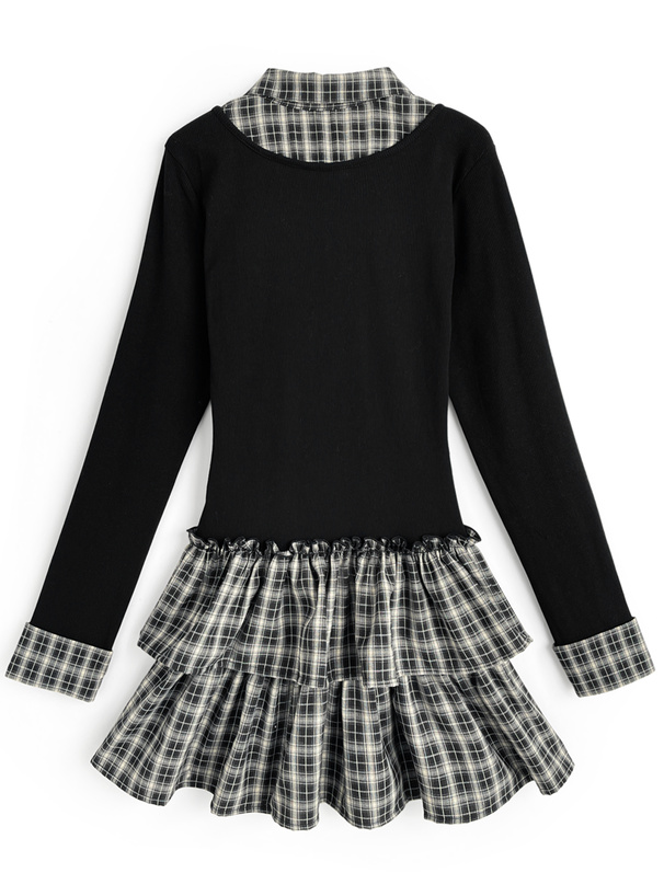 リボン付きチェック柄ドッキングティアードフリルミニワンピース