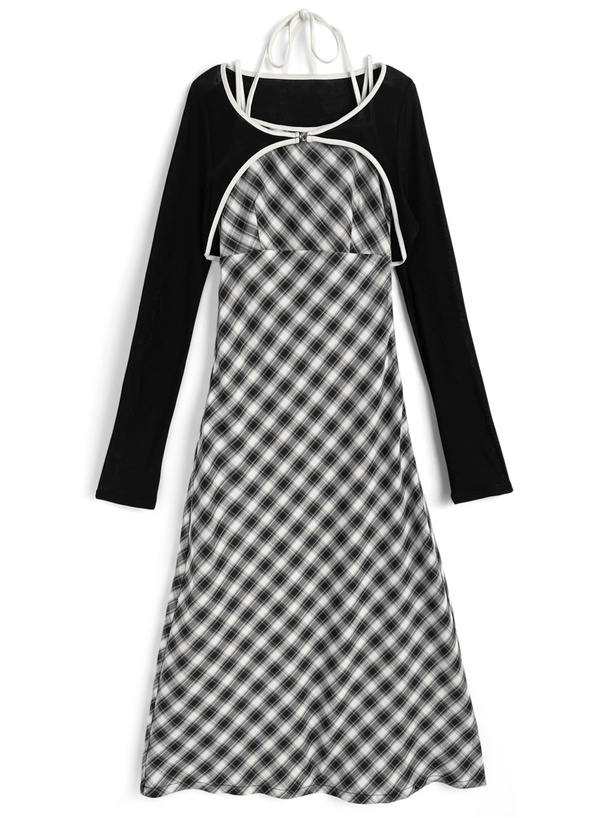 チェック柄ホルターネックワンピース×シアーボレロアンサンブル[tw1266]