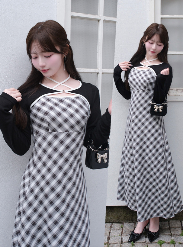 チェック柄ホルターネックワンピース×シアーボレロアンサンブル
