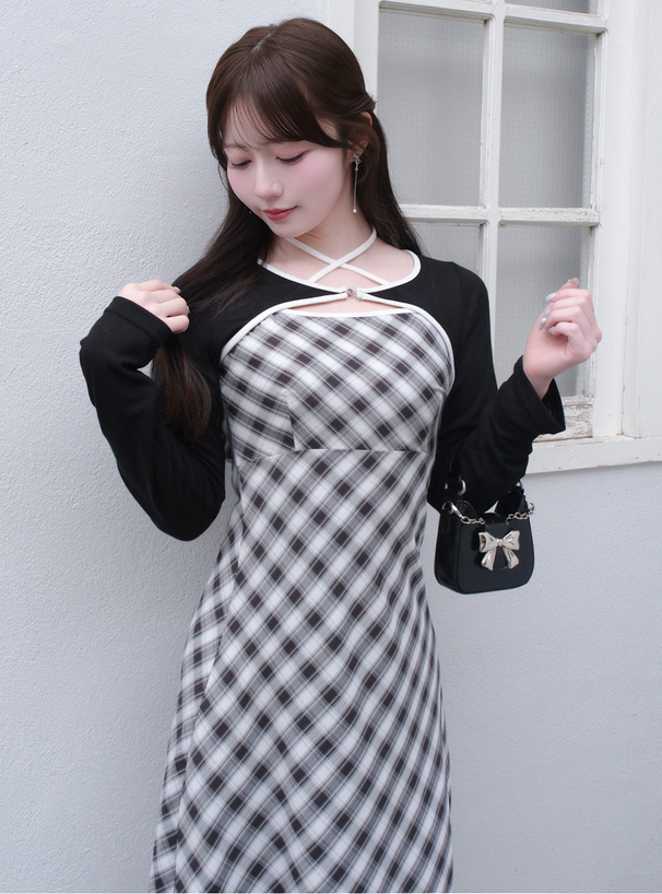チェック柄ホルターネックワンピース×シアーボレロアンサンブル