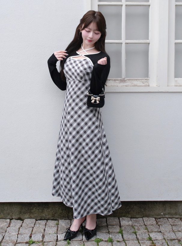 チェック柄ホルターネックワンピース×シアーボレロアンサンブル