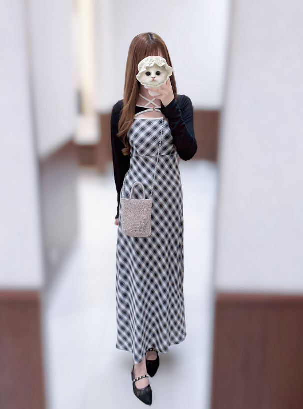 チェック柄ホルターネックワンピース×シアーボレロアンサンブル