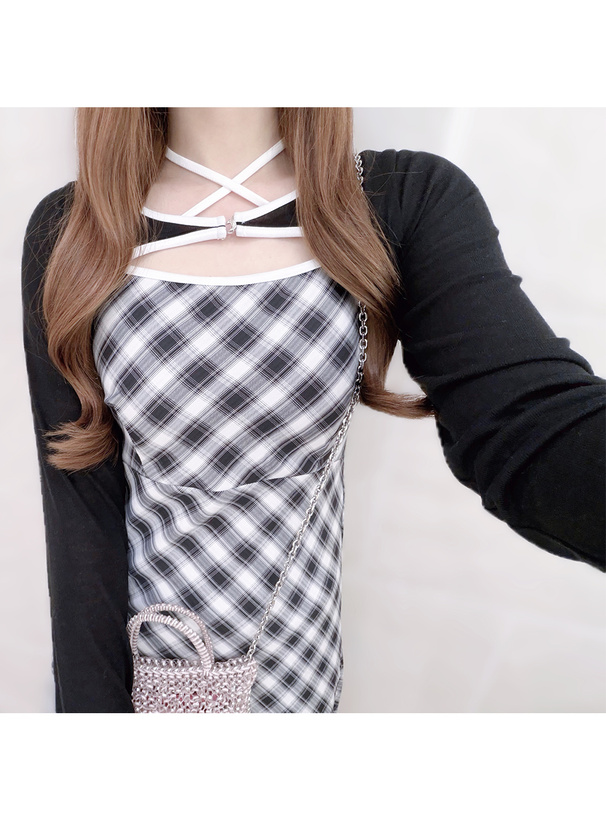 チェック柄ホルターネックワンピース×シアーボレロアンサンブル