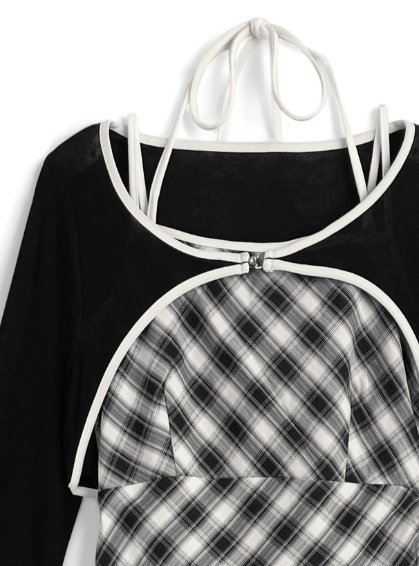 チェック柄ホルターネックワンピース×シアーボレロアンサンブル