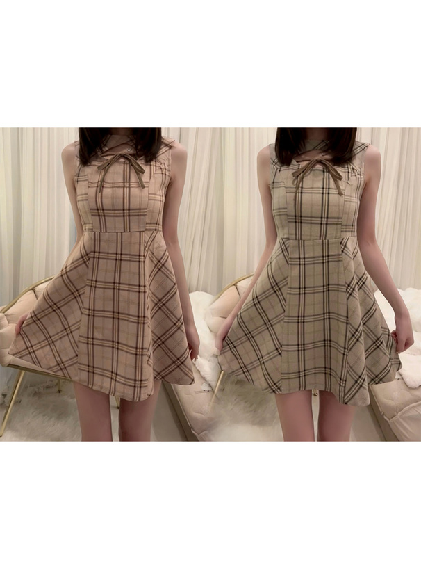 チェック柄フロントオープンノースリーブミニワンピース