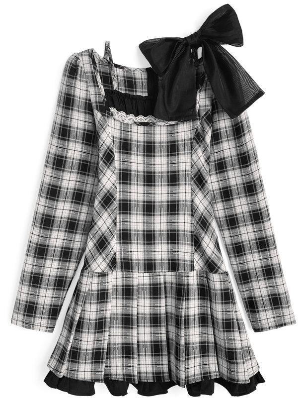 リボン付きチェック柄フリルミニワンピース[tw1269]