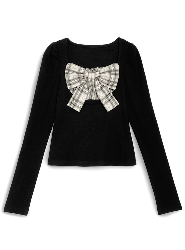 チェック柄リボンリブトップス[tw1270]