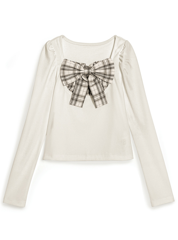 チェック柄リボンリブトップス