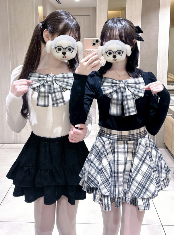 チェック柄リボンリブトップス