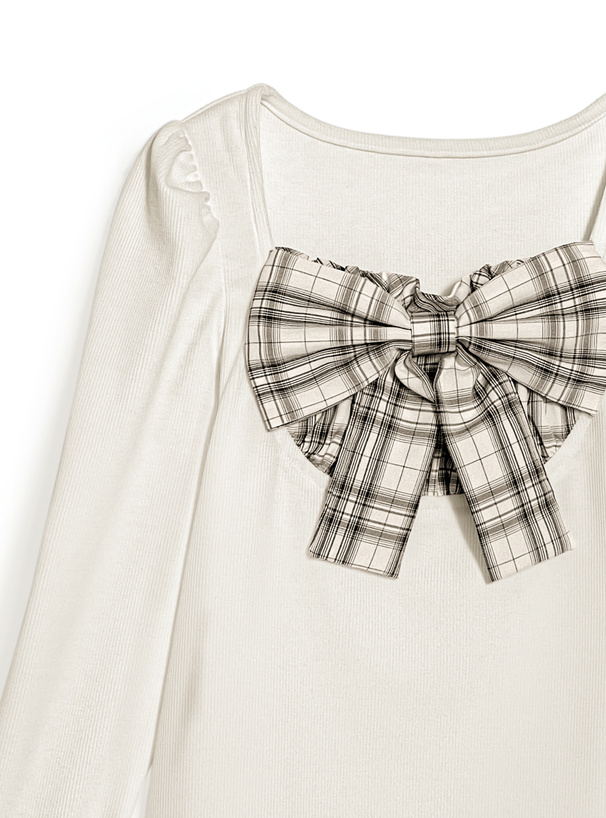 チェック柄リボンリブトップス