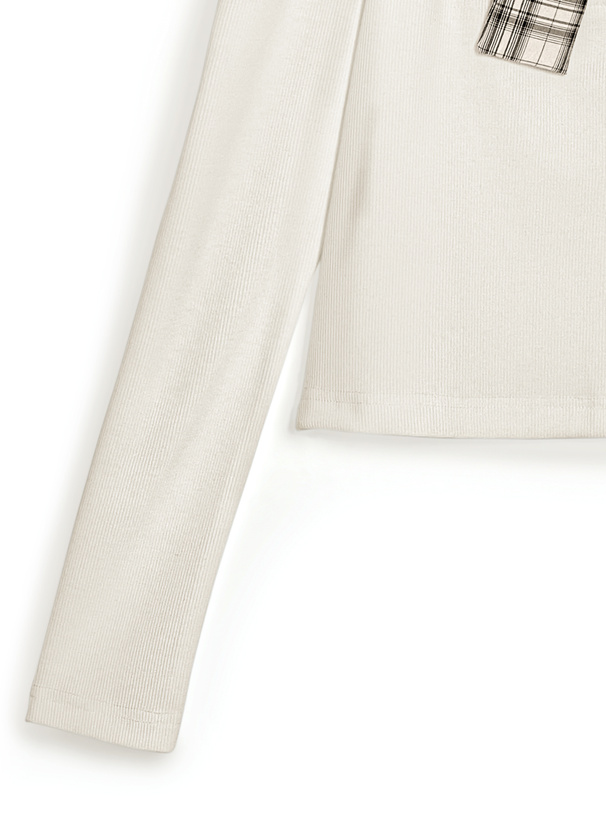 チェック柄リボンリブトップス