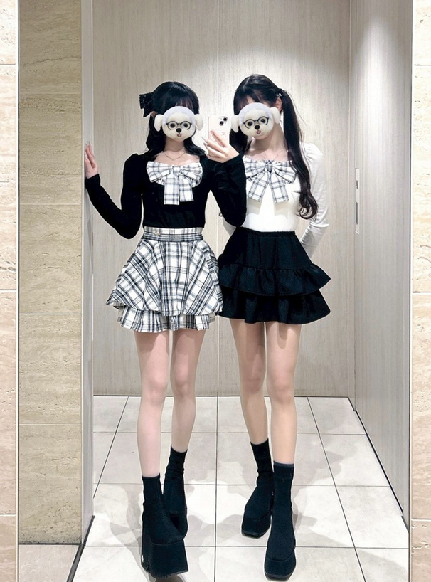 チェック柄リボンリブトップス