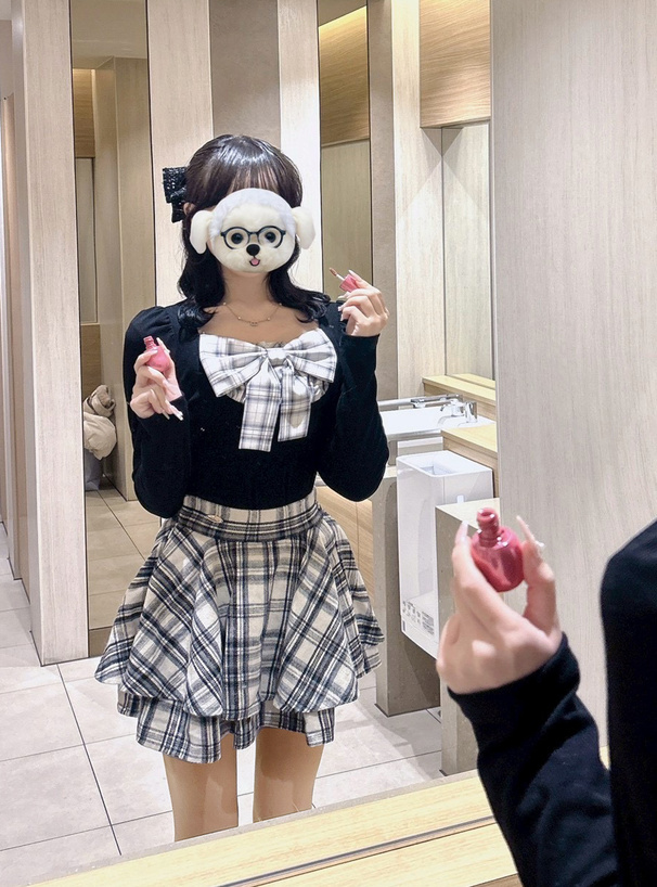 チェック柄リボンリブトップス