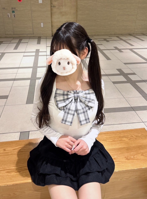 チェック柄リボンリブトップス