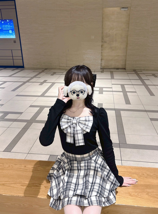 チェック柄リボンリブトップス